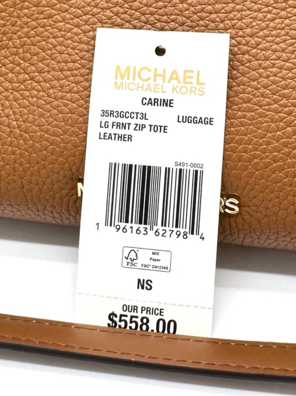 MICHAEL KORS Carine Front Zip Leather Large Tote Bag Luggage Brown